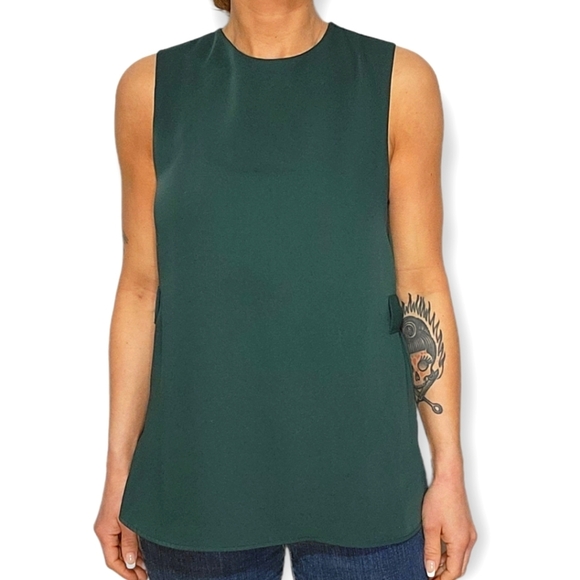 Topshop Semi Sheer Tank Blouse 8 Green Faux Leather Trim - Picture 1 of 4